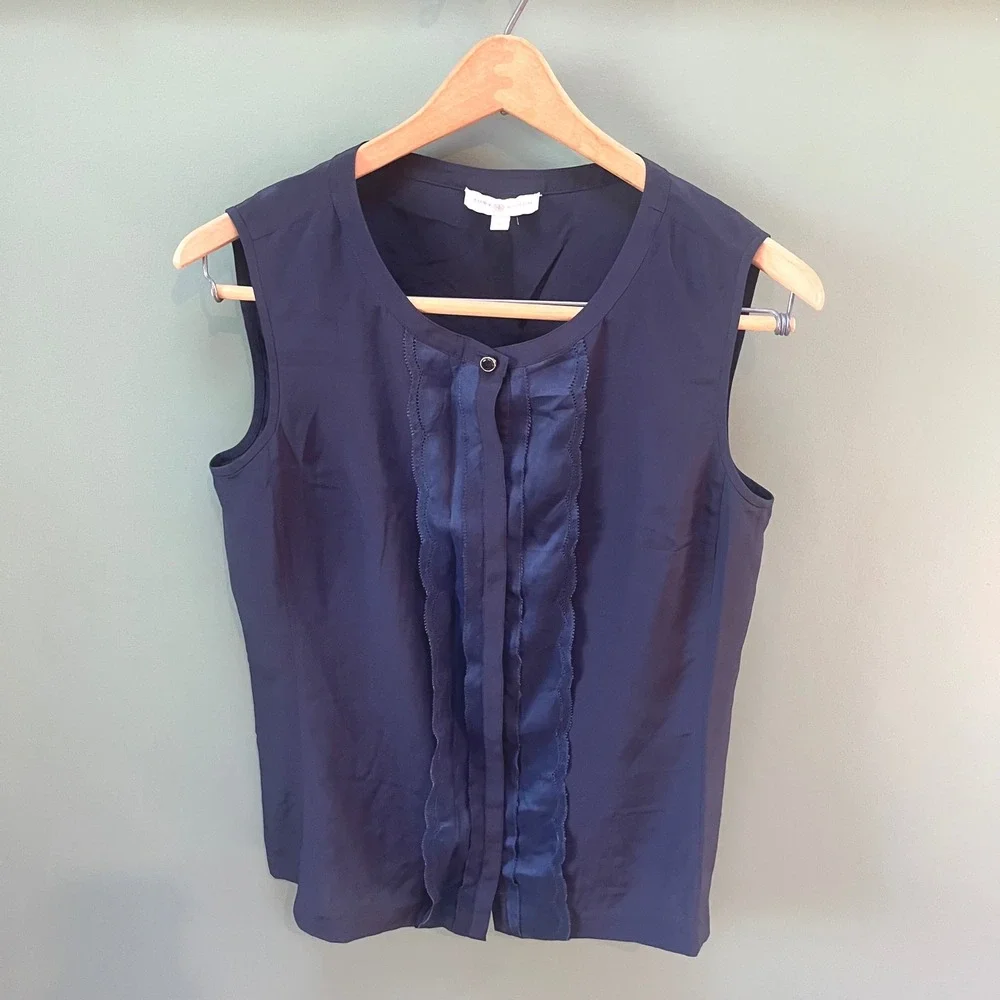 Tory Burch Navy Blue Sleeveless Top Silk‎ Ruffle Detail Blouse Size 8